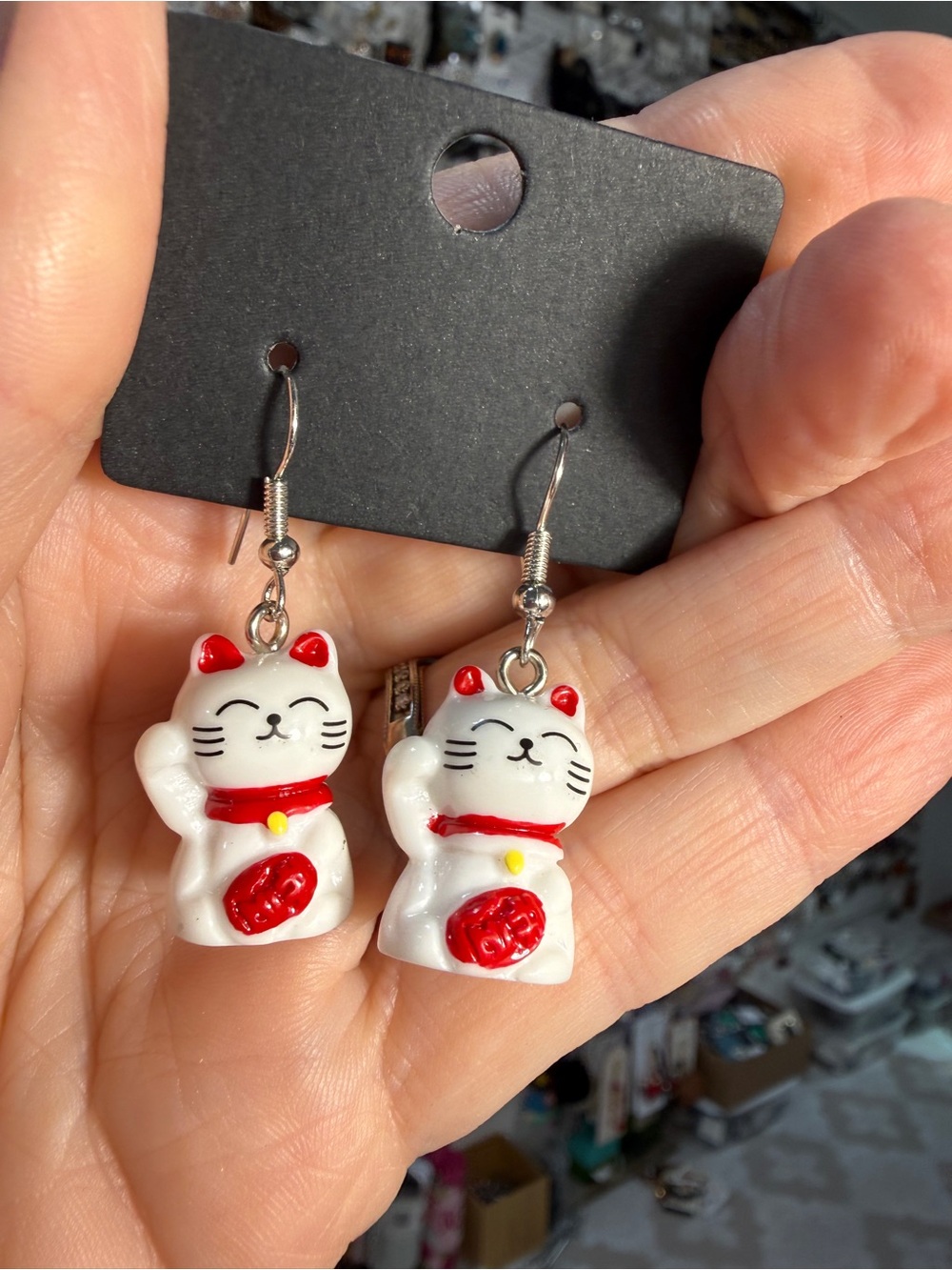 Lucky Cat Dangle Earrings in White and Red